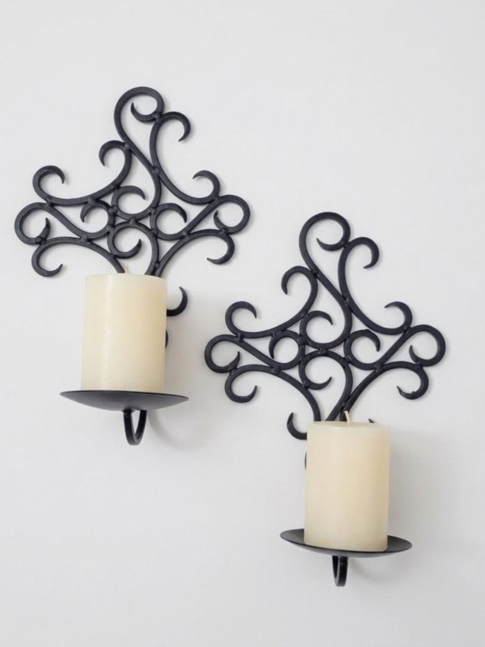 Pair of Vintage Wrought Iron Pillar Candle Holders Wall Sconces Black Scroll Set